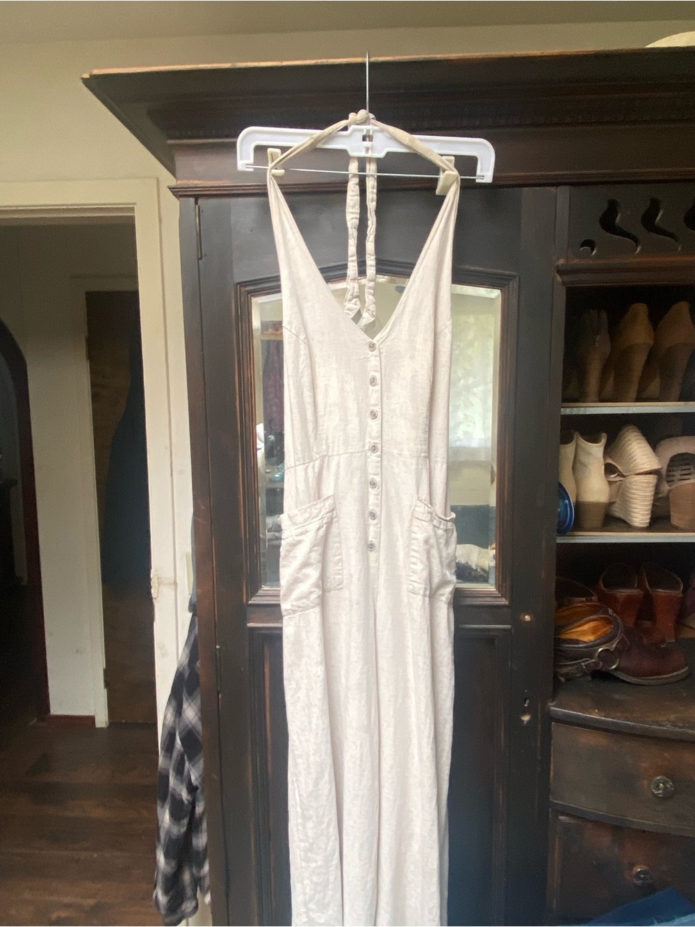 Urban Outfitters Tan Linen Wide-Leg Jumpsuit